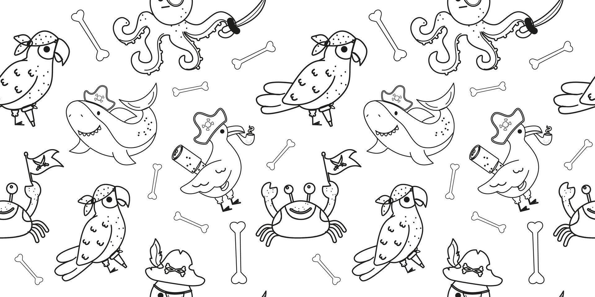 Seamless pattern outline characters pirate octopus parrot shark crab skull vector