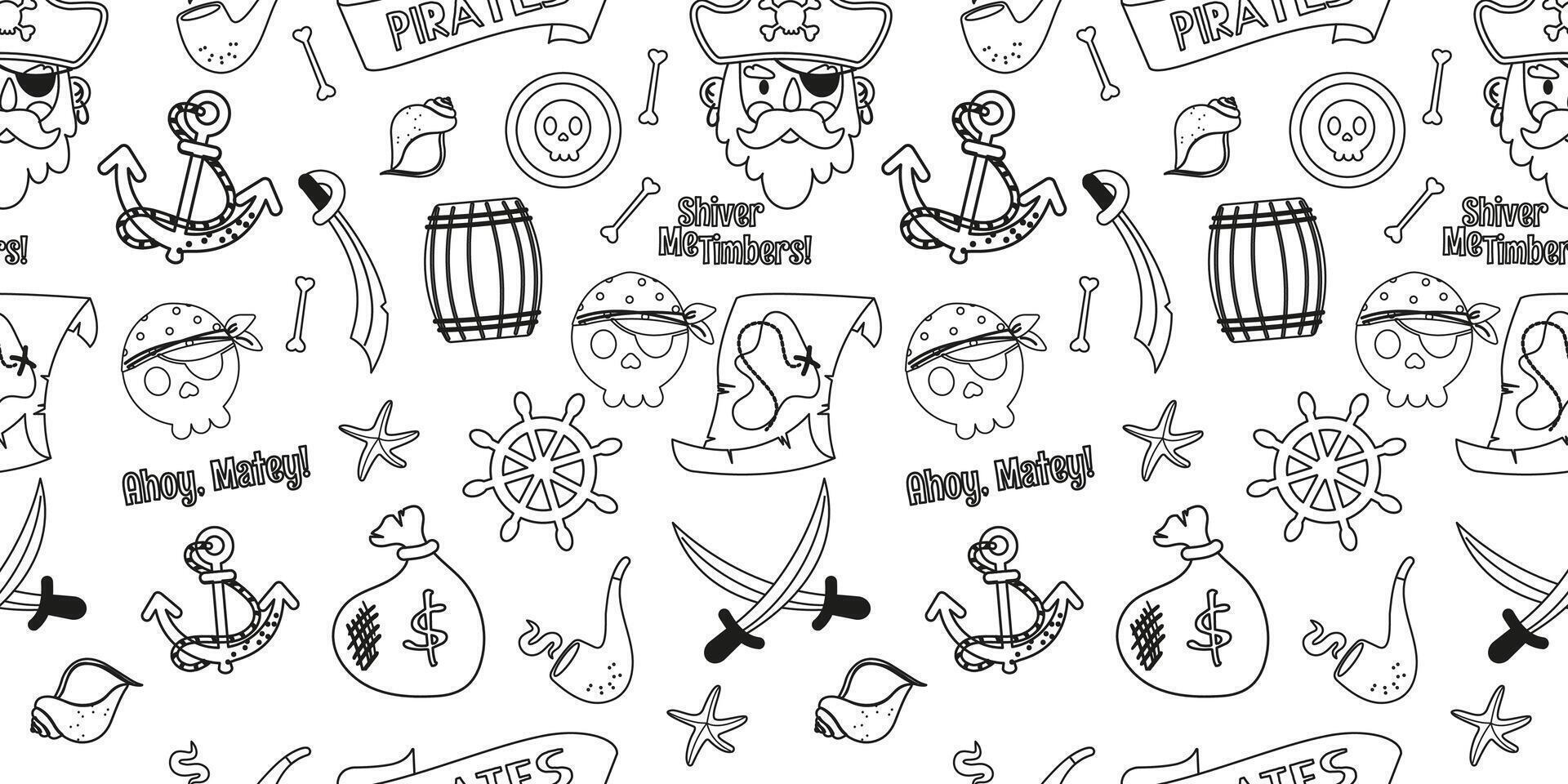 Pirate elements outline seamless pattern vector
