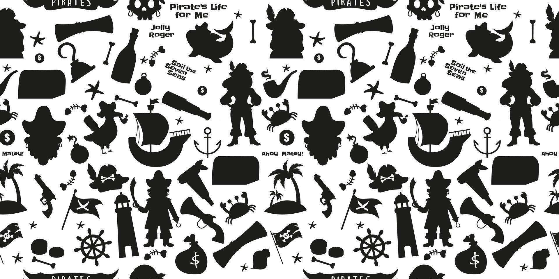Pirate silhouette elements seamless pattern in flat vector