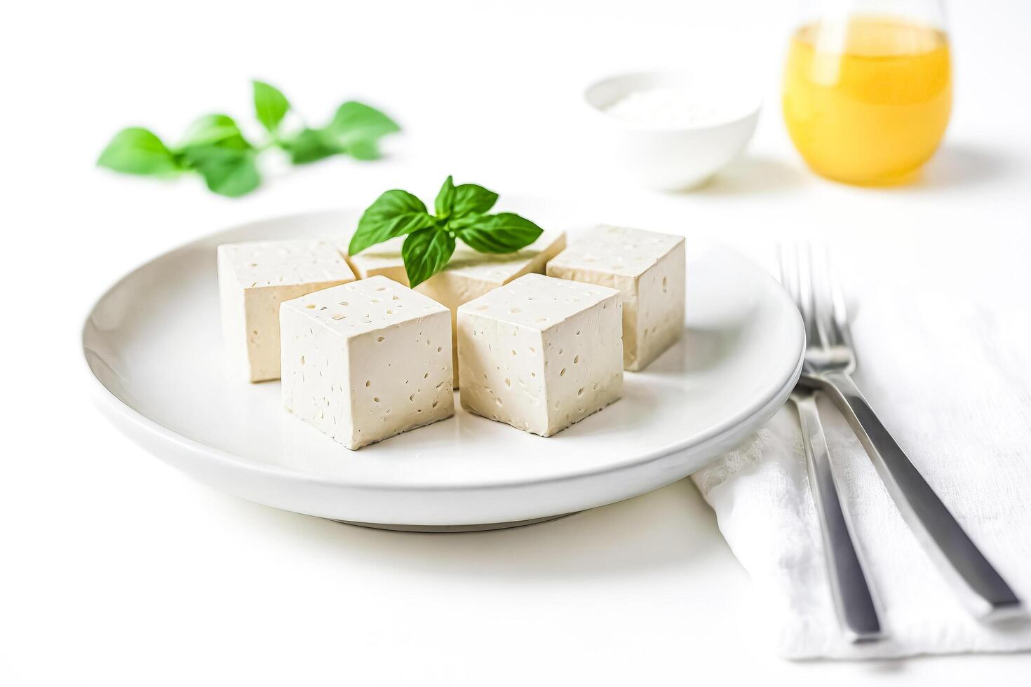 Feta cheese cubes on a white plate photo
