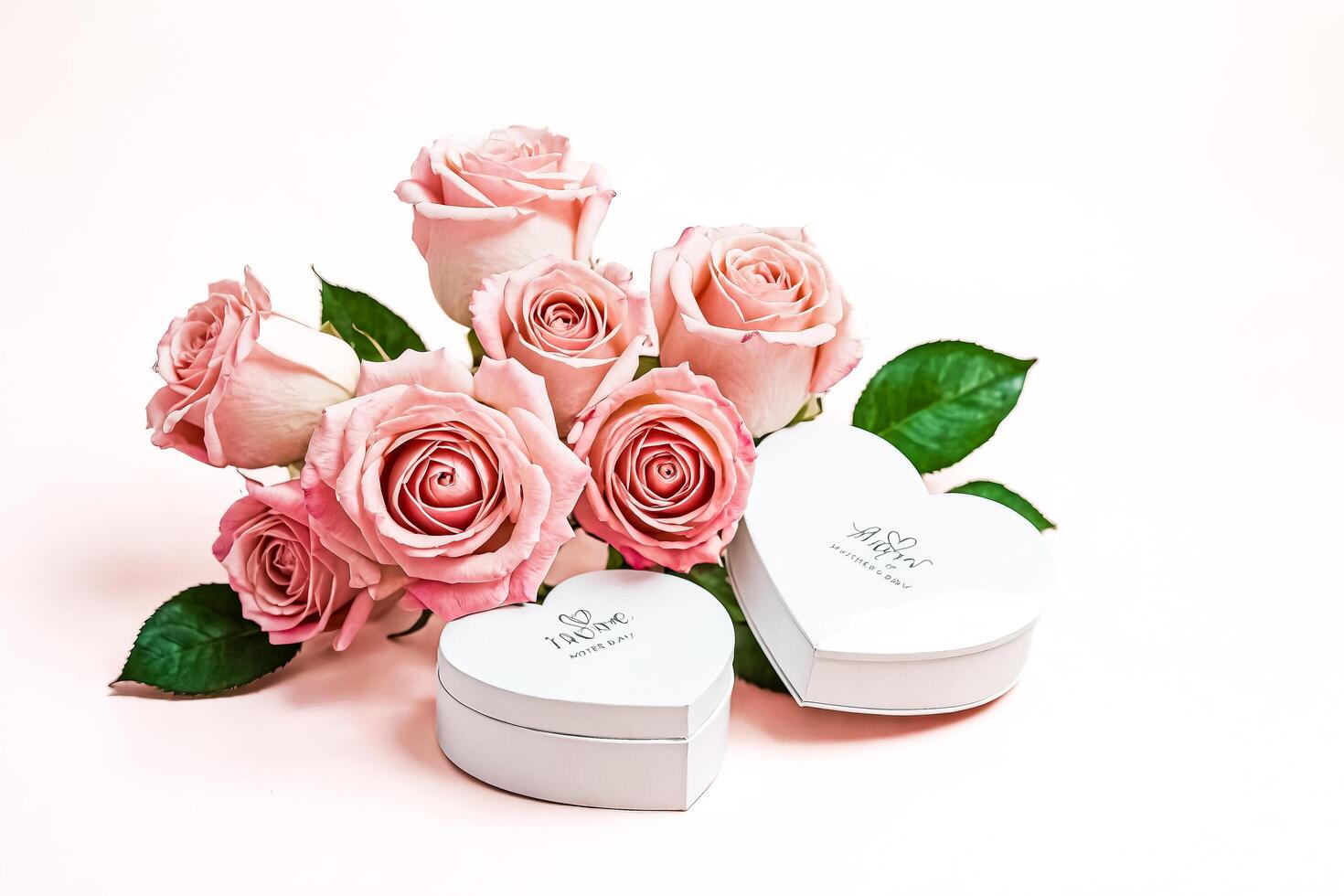 Pink roses and white heart shaped gift boxes on pink background photo