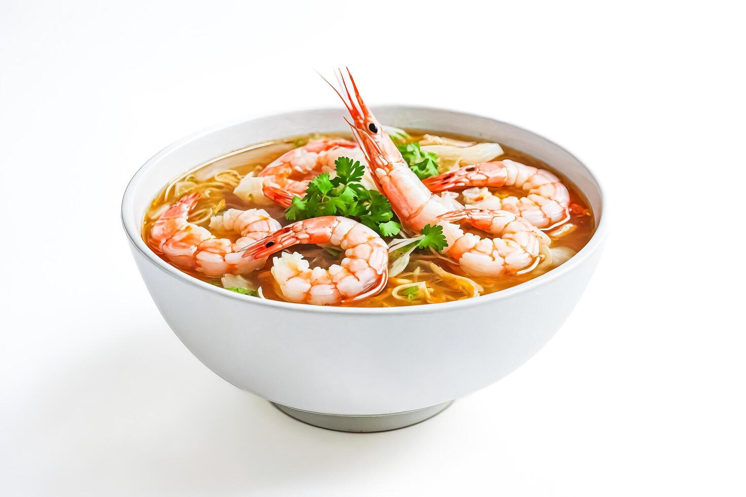 Shrimp Noodle Soup in White Bowl photo