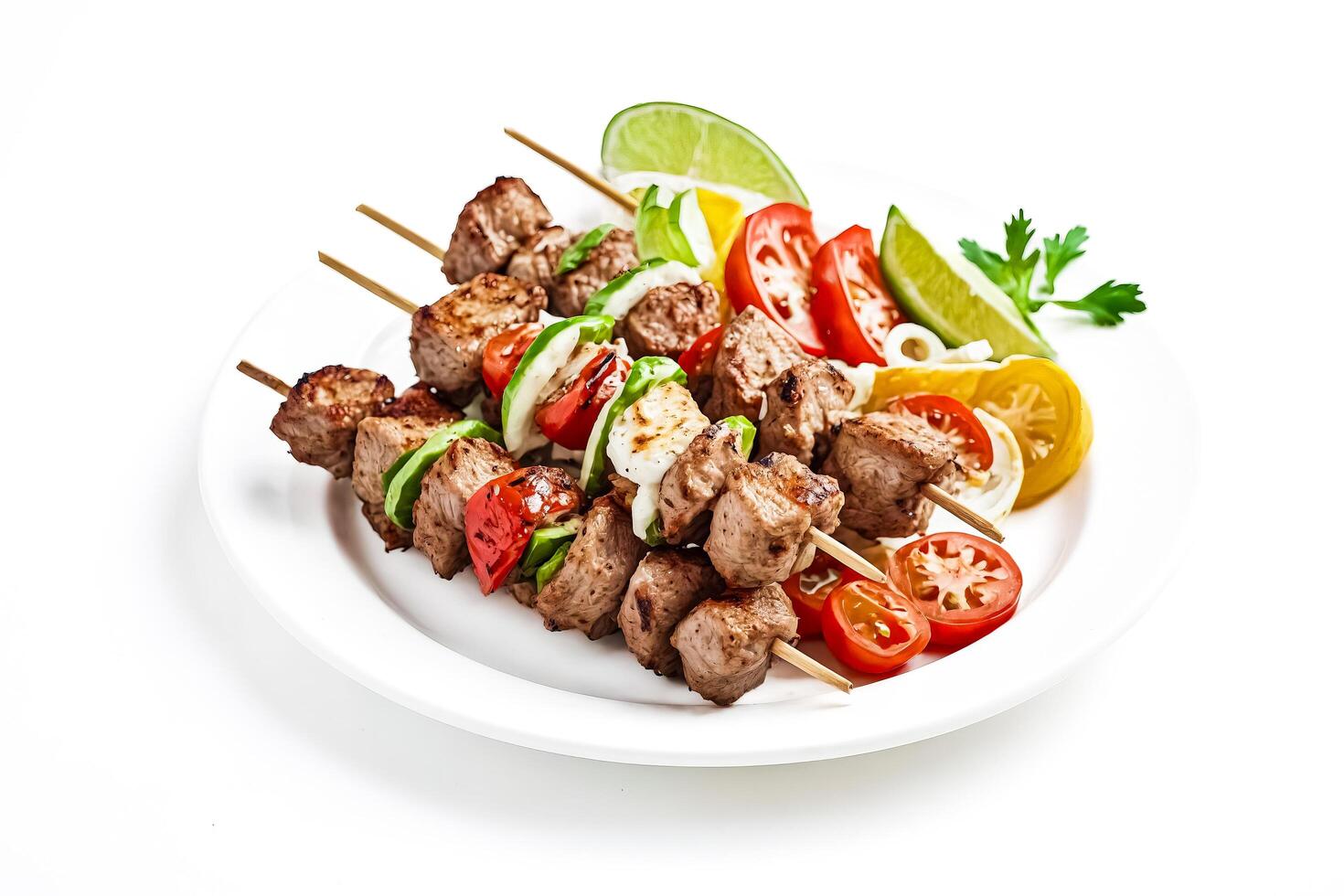 Grilled Meat Skewers with Vegetables on a White Plate photo