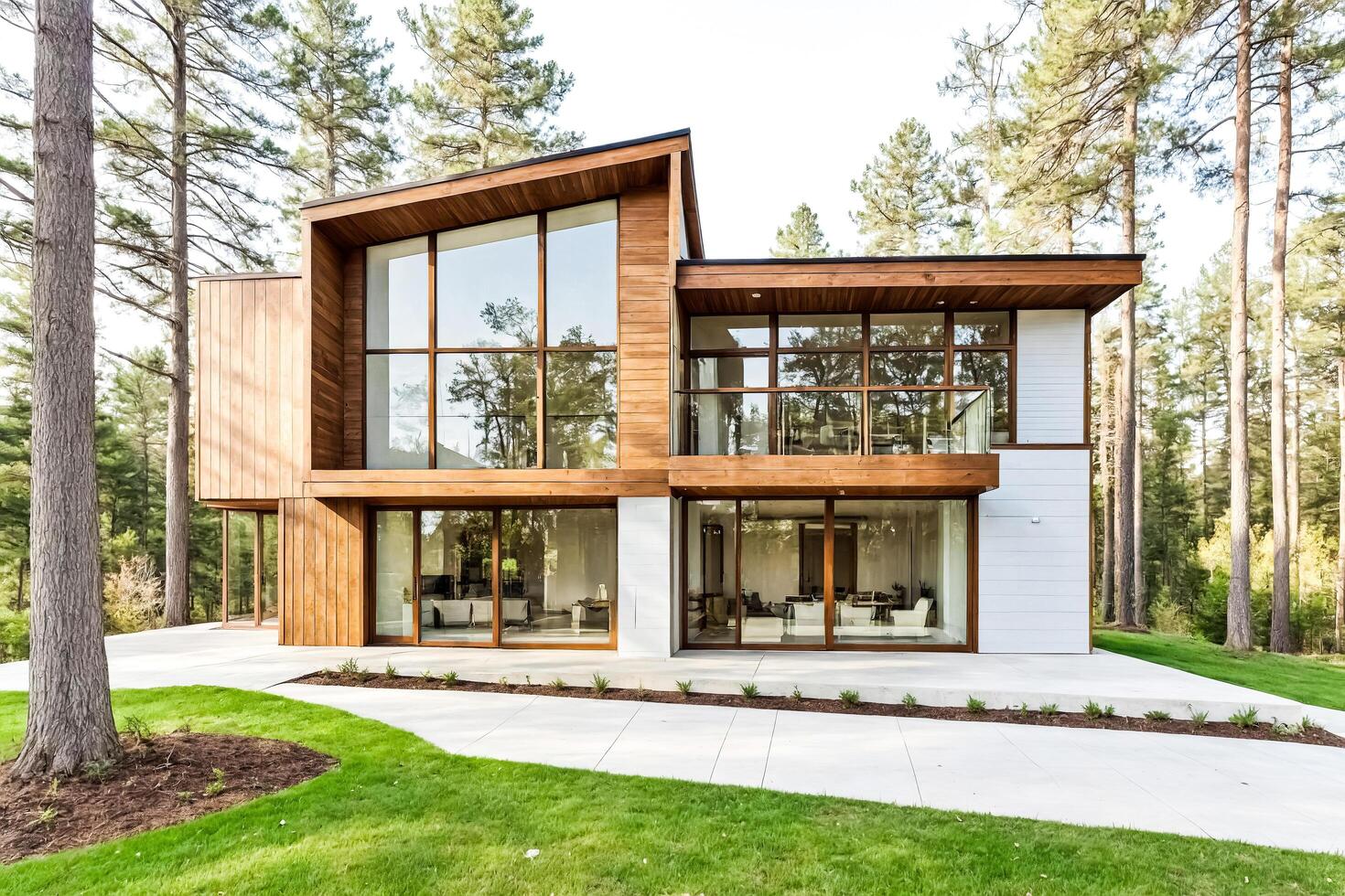 Modern House with Large Windows and Wood Siding photo