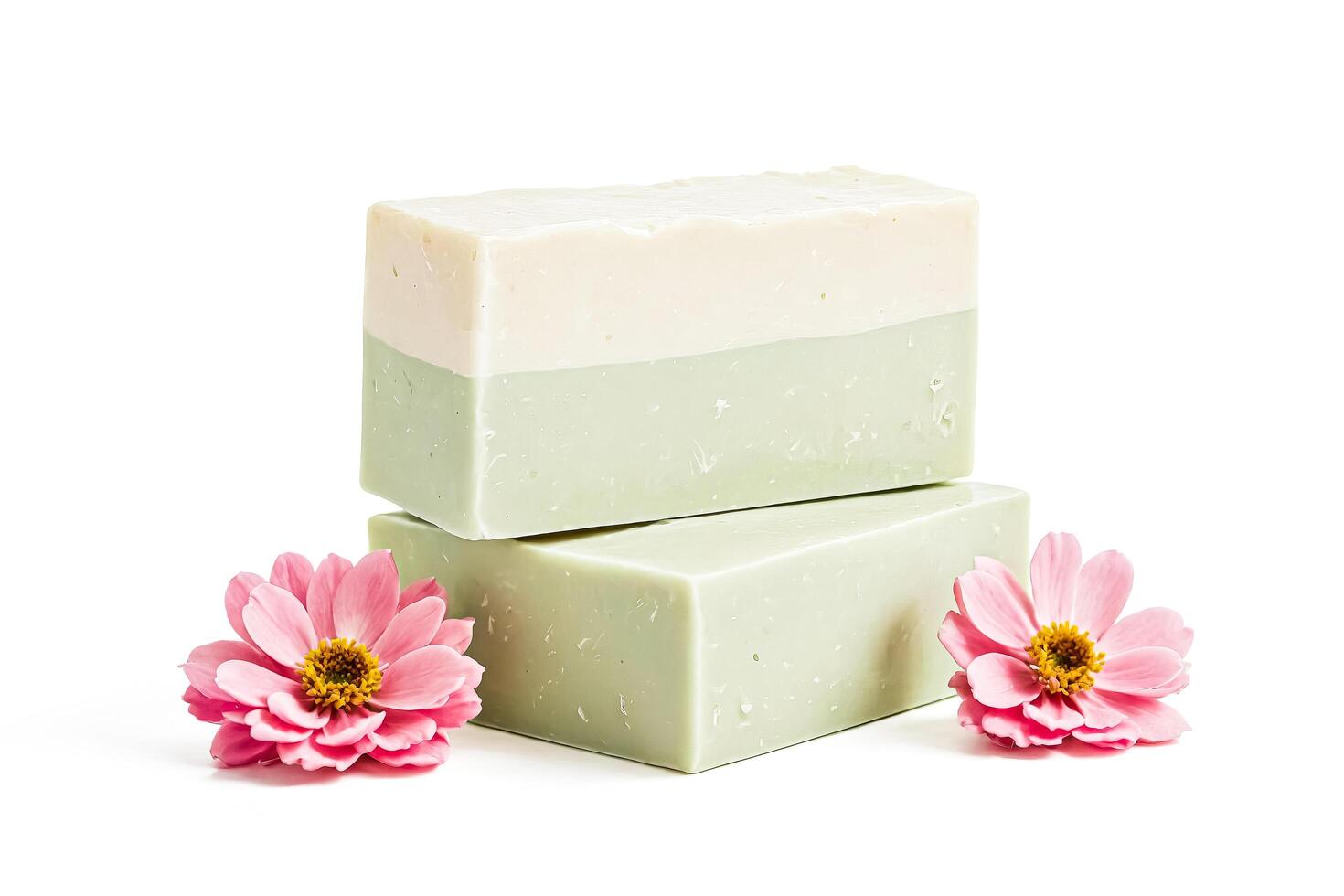 Green and White Soap Bars with Pink Flowers photo