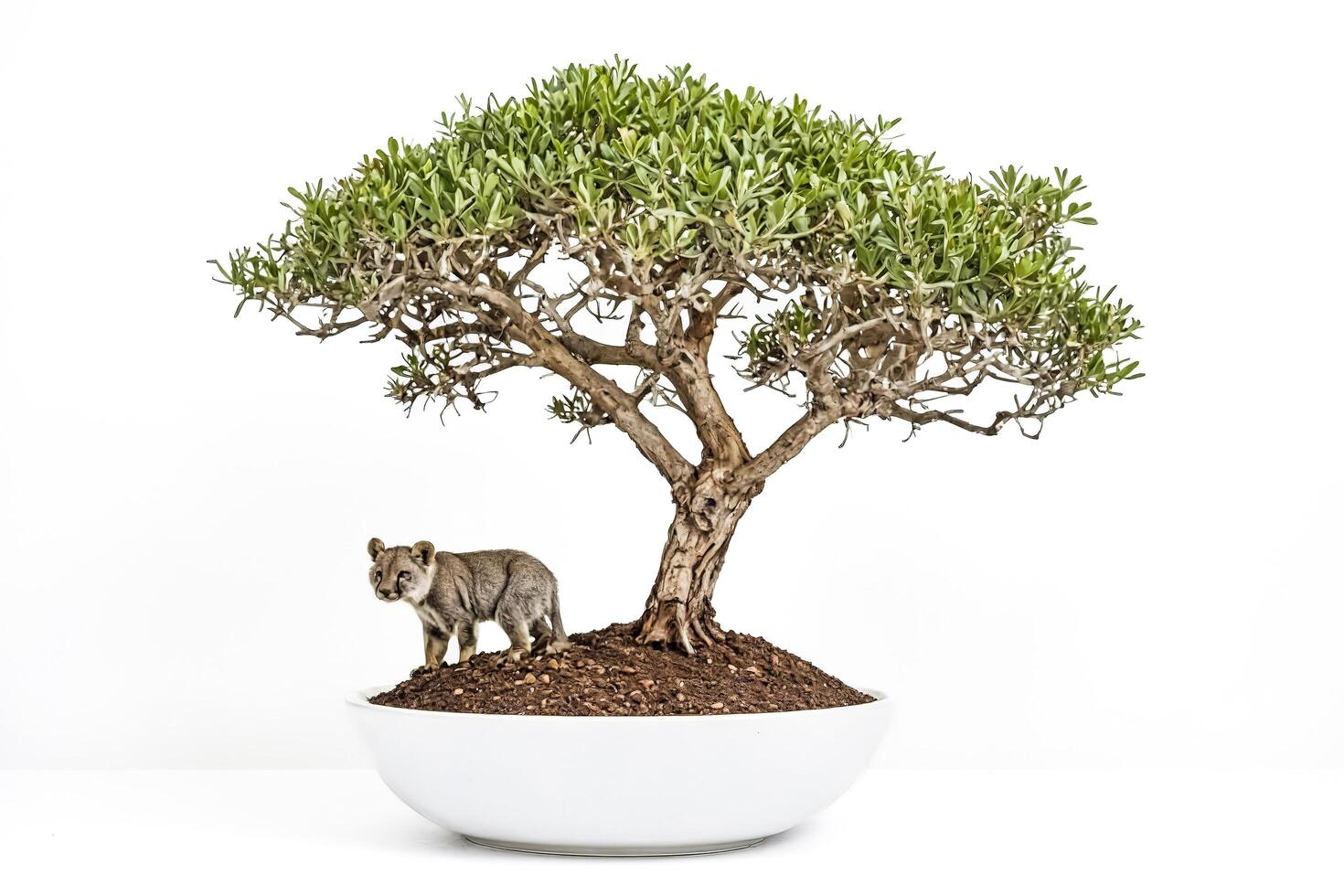 Lion Cub Underneath a Bonsai Tree photo