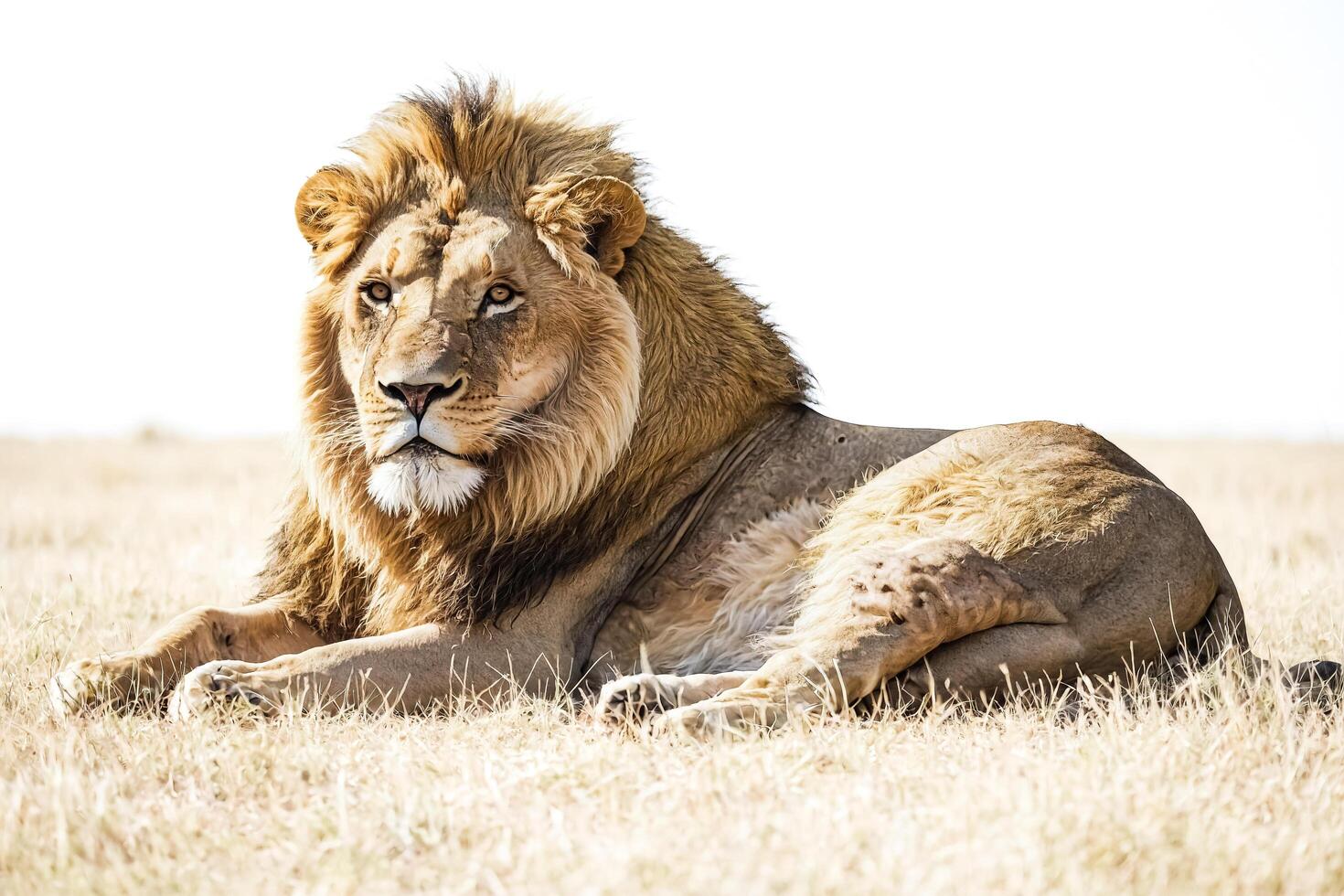 Majestic Lion Resting in Savanna Grass photo