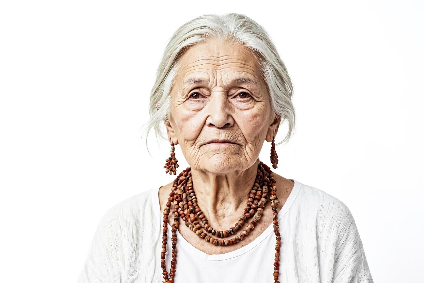Close up portrait of a senior woman with silver hair, looking at camera photo