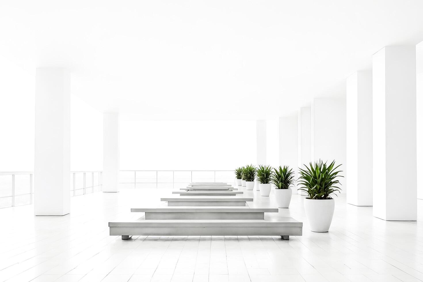 Minimalist White Interior Design with Green Plants and Concrete Benches photo