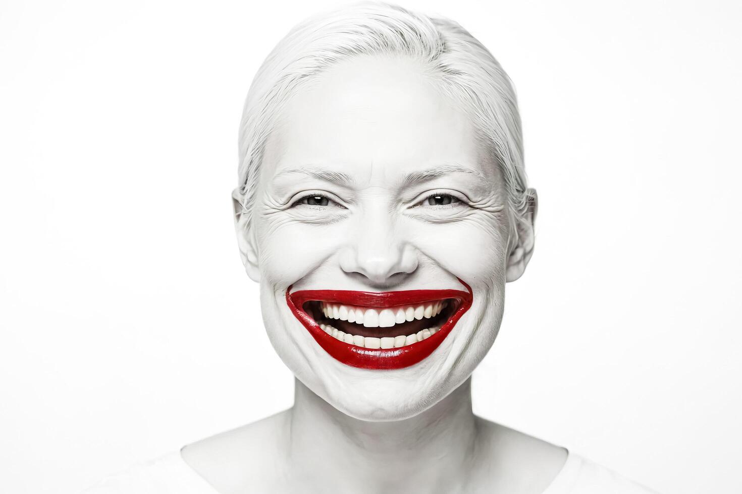 Portrait of a woman with white face paint and red lipstick smiling broadly photo