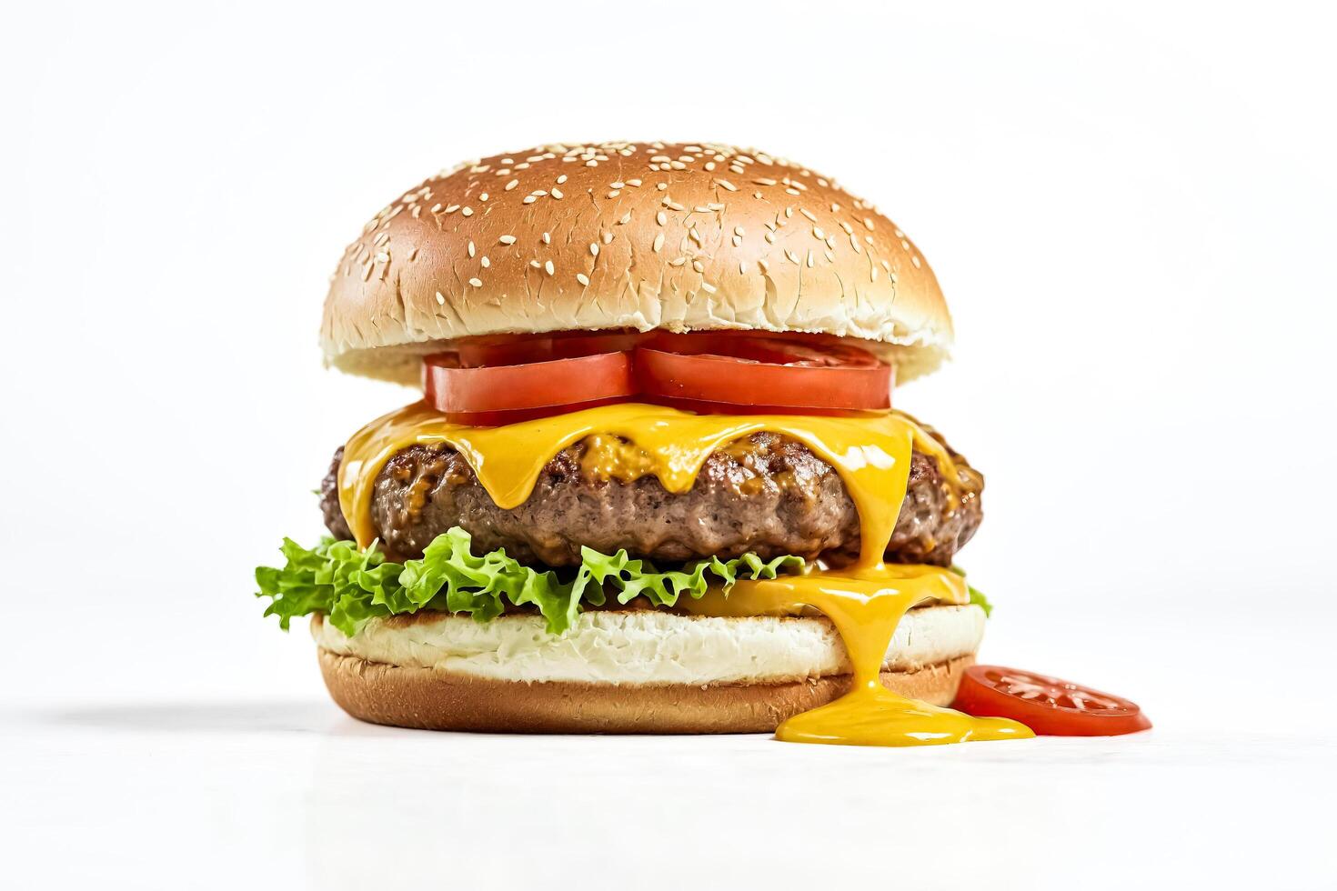 Cheeseburger with Melted Cheese and Lettuce on a White Background photo