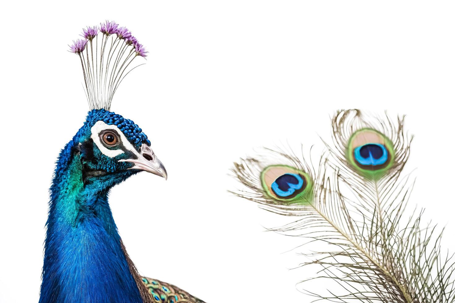 Peacock Head and Feathers Isolated on White photo