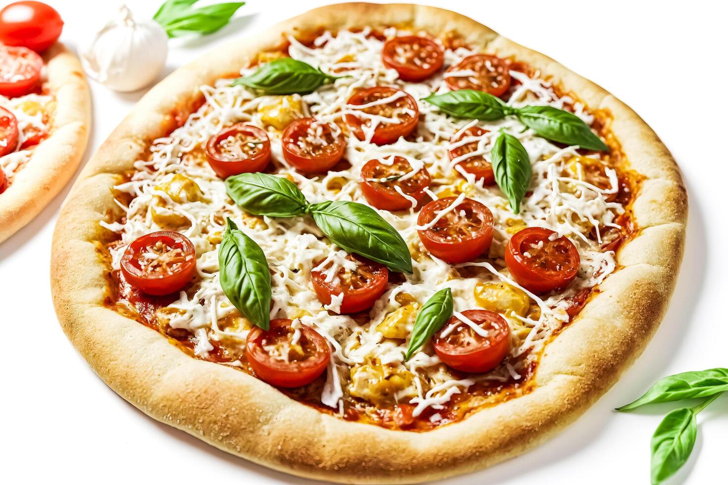 Close-up of a delicious pizza with cherry tomatoes, mozzarella and basil photo