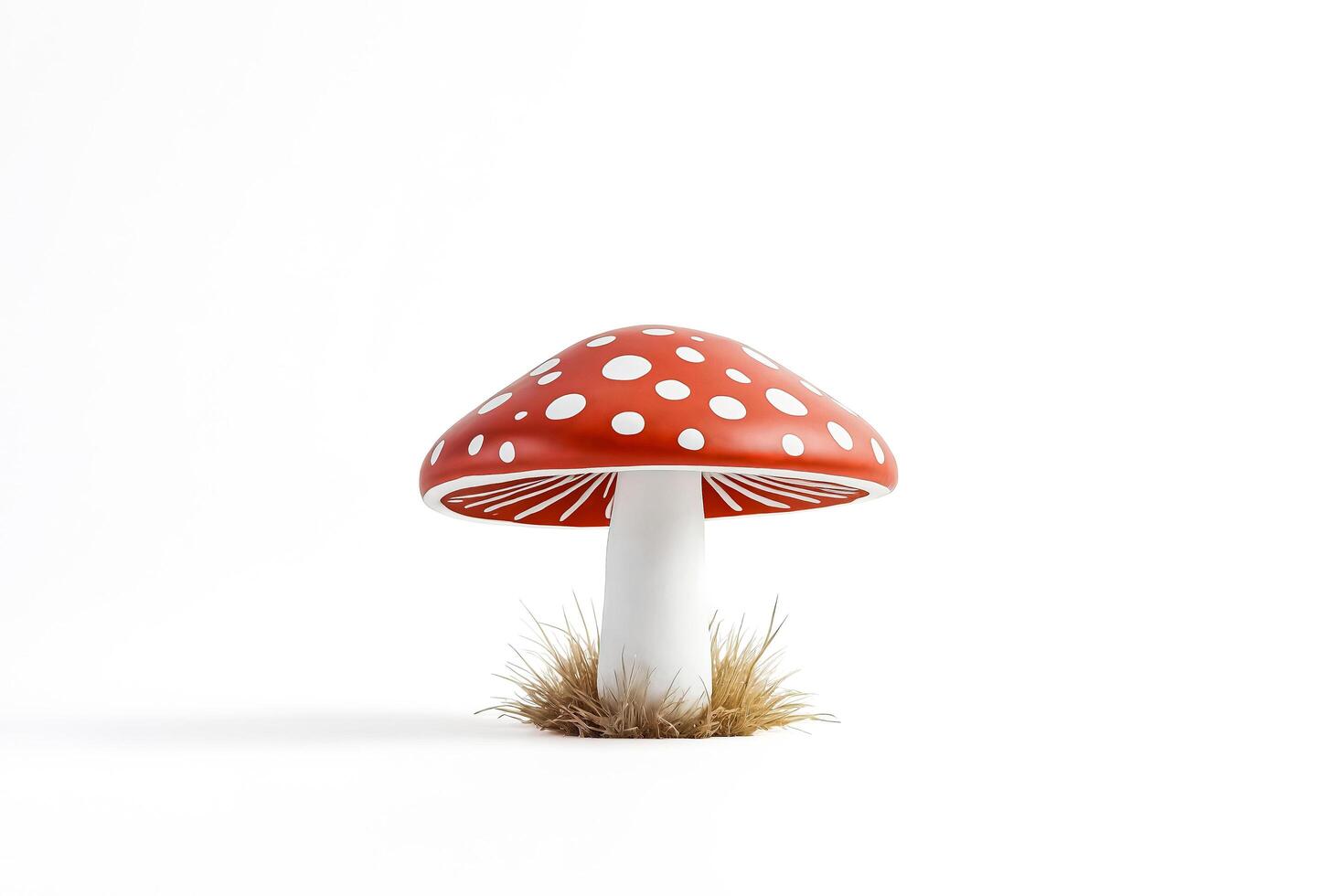 Red and White Mushroom with Grass Isolated on White Background photo