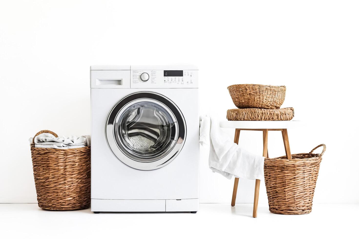 White washing machine with wicker baskets in a modern laundry room photo