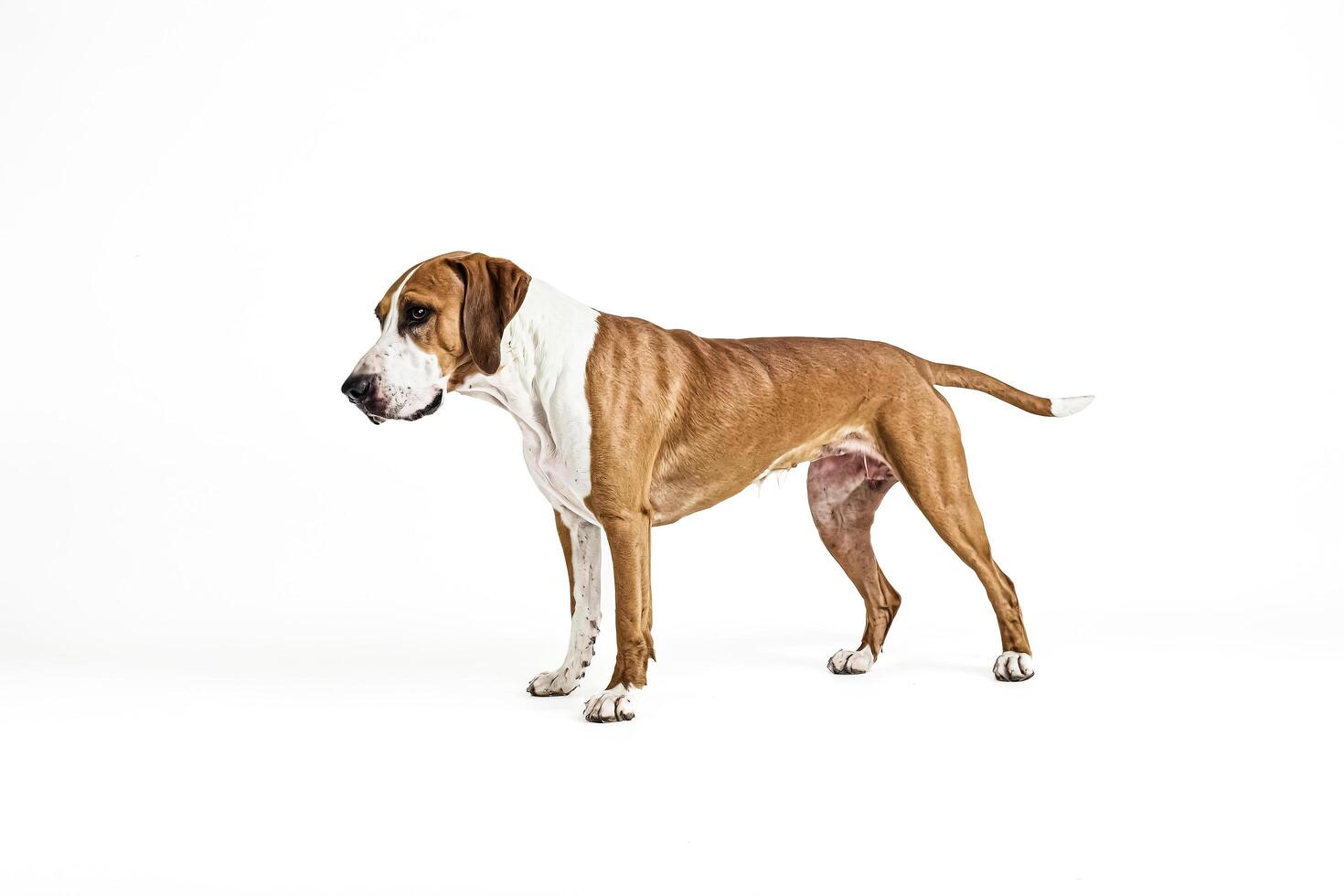 Brown and White Dog Standing on a White Background photo