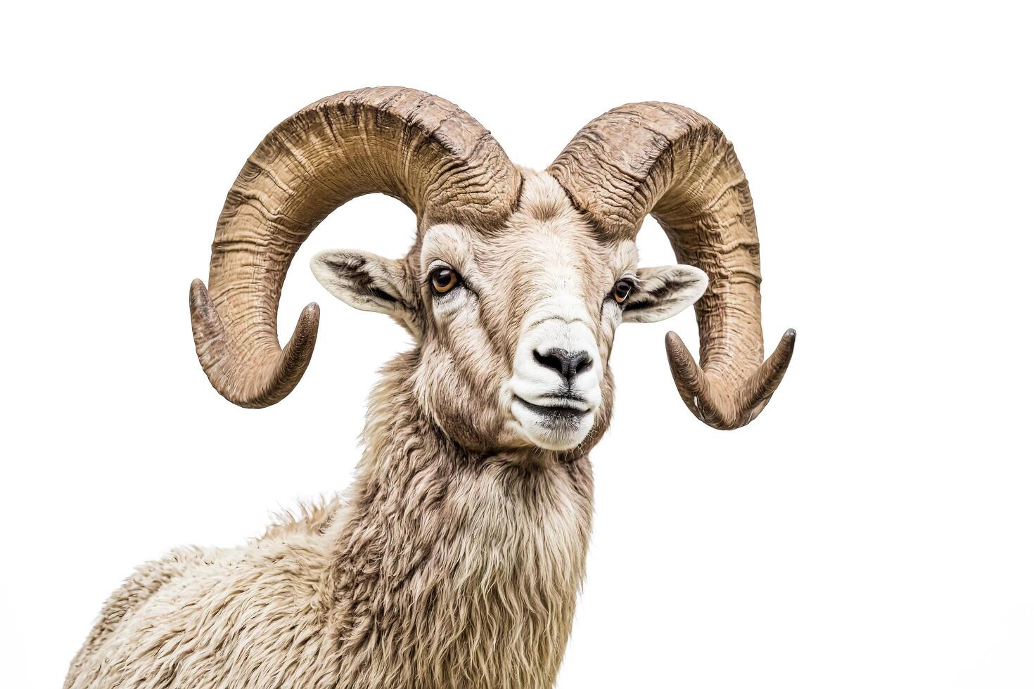 Close-up of a Male Bighorn Sheep with Large Curved Horns photo