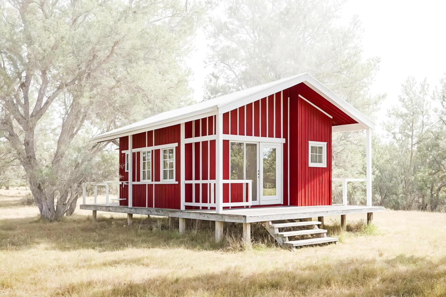 Red Cabin in a Foggy Forest photo