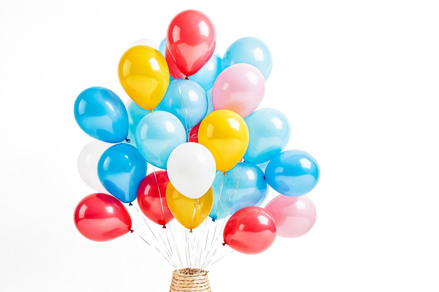 Bunch of colorful balloons tied together with strings photo