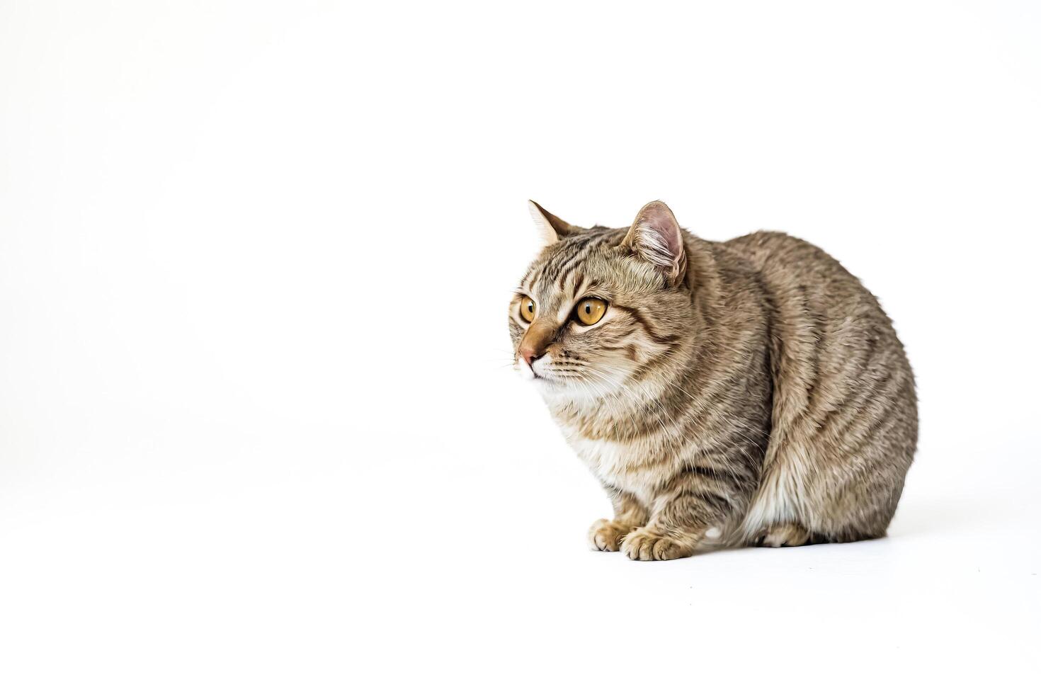 Tabby cat looking to the left with white background photo