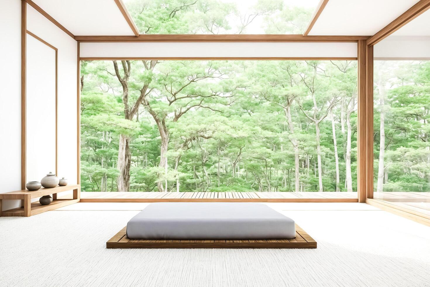 Minimalist Zen Bedroom with Wooden Platform Bed and Forest View photo