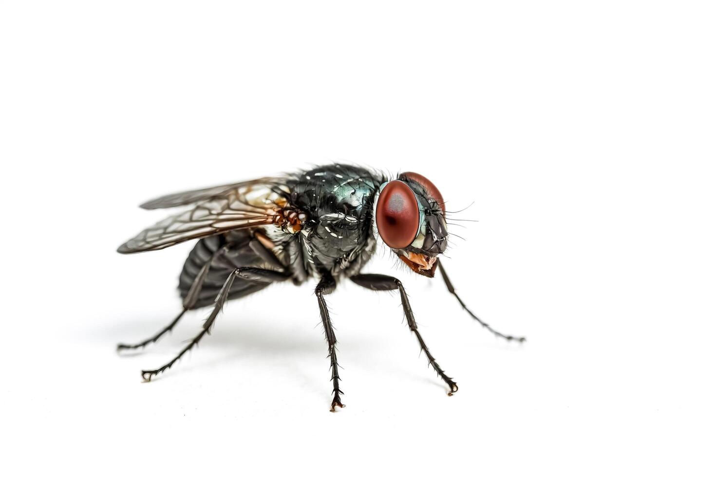 Close-up of a fly with red eyes on white background photo