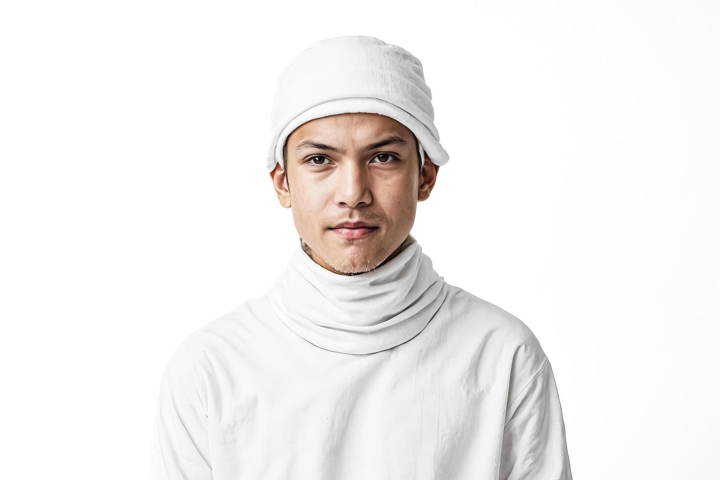 Young Man in White Clothing Looking Directly at Camera photo