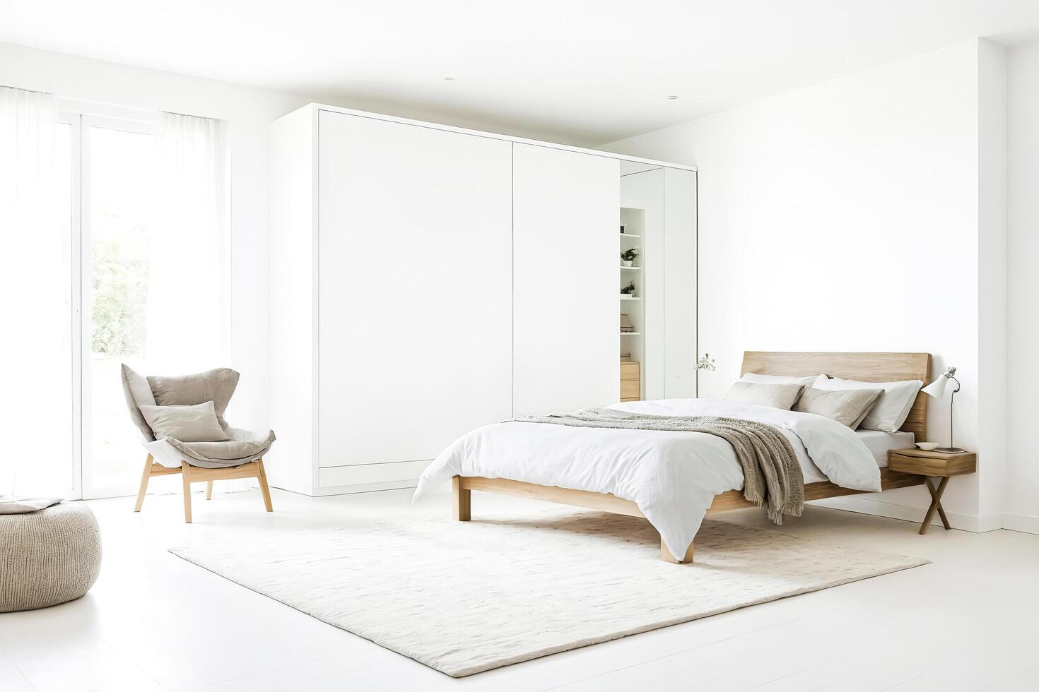 Minimalist Bedroom with White Walls and Wooden Furniture photo