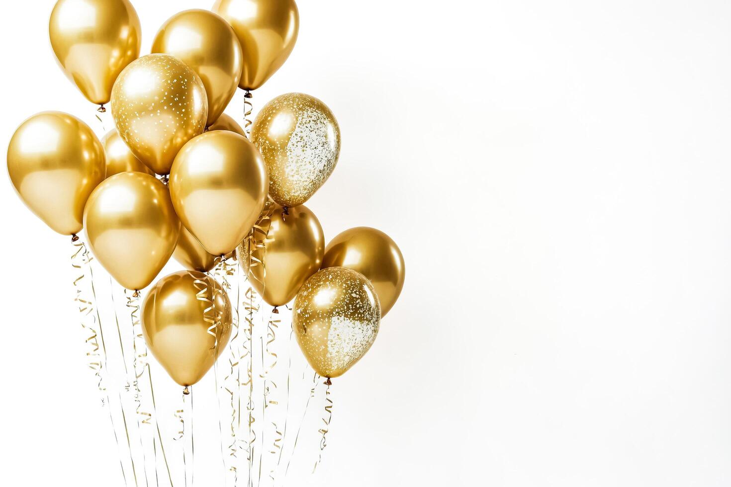 Golden Balloons with Ribbons on White Background photo