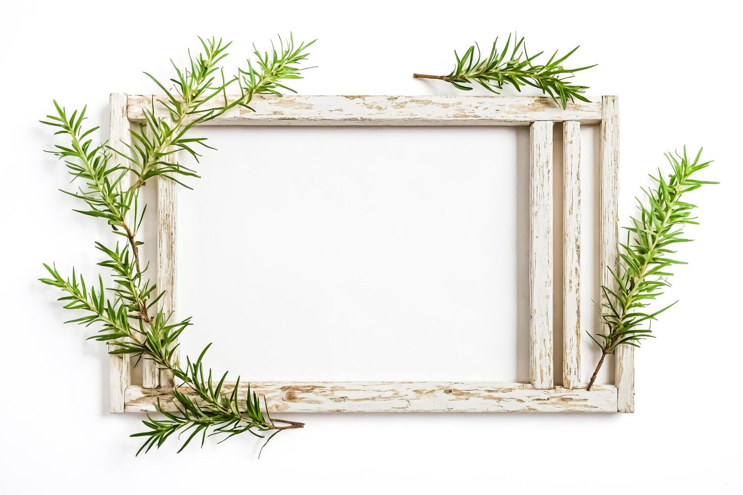 Whitewashed Rustic Wooden Frame With Green Greenery photo