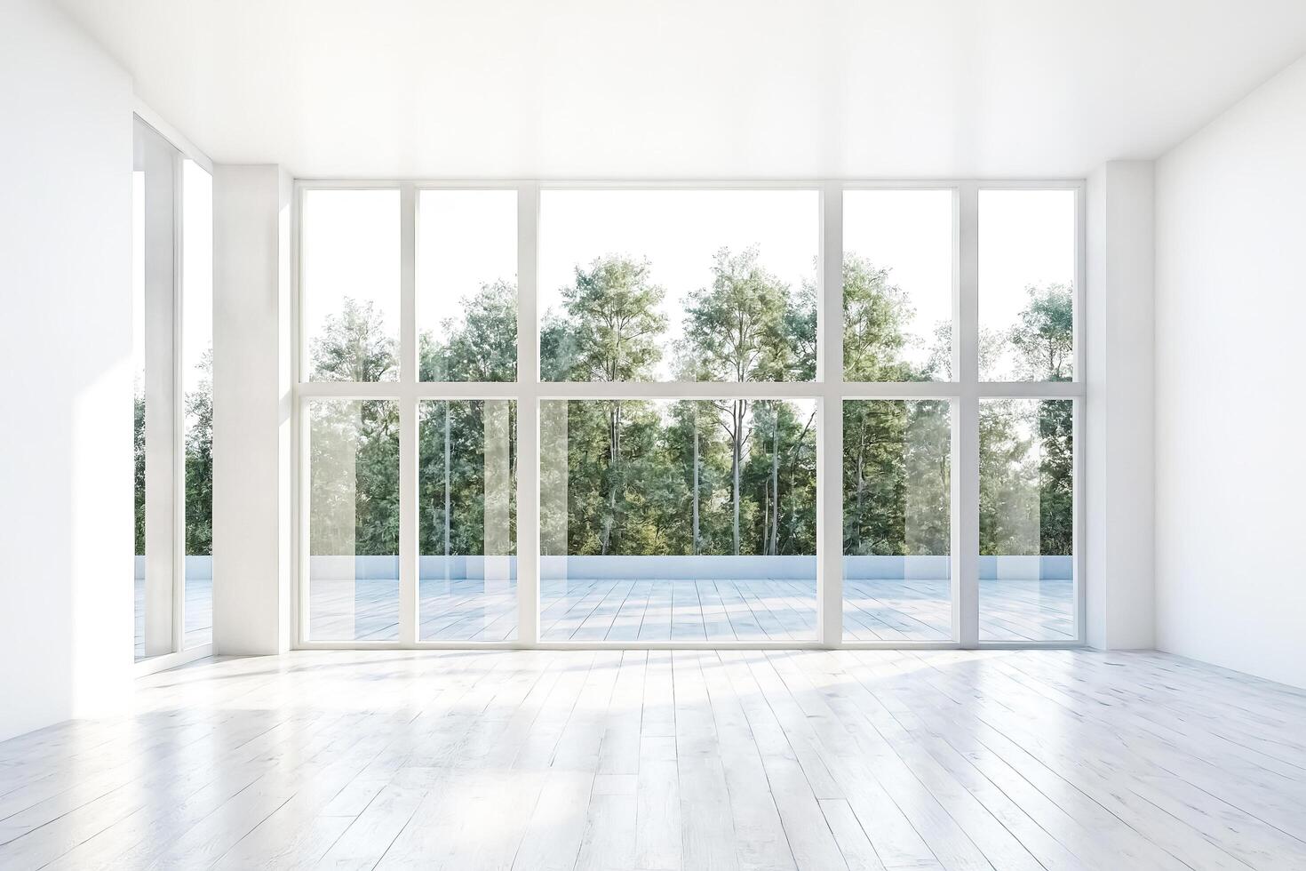 Empty room with large windows and wooden floor photo
