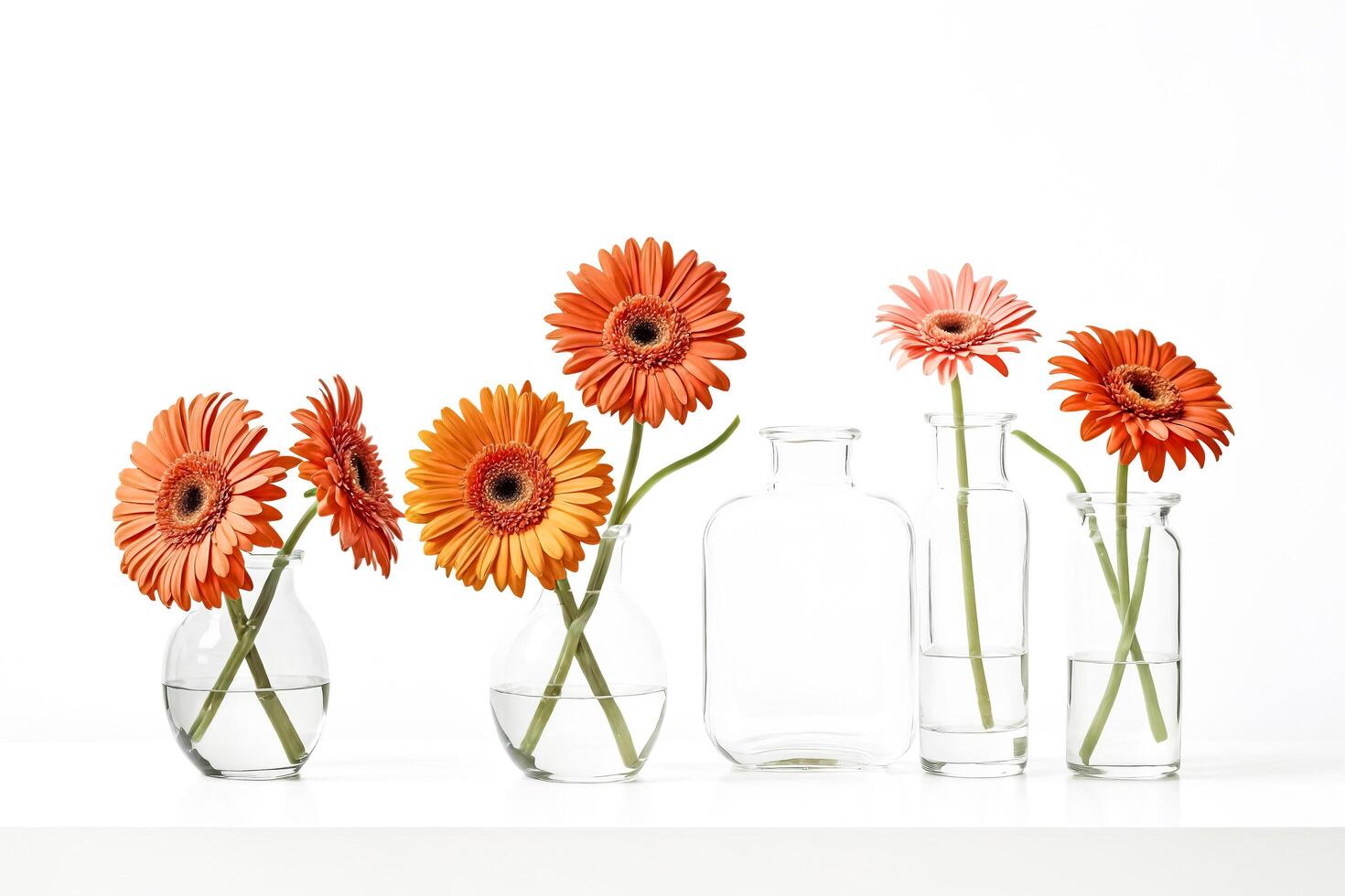 Gerbera Daisies in Glass Vases on White Background photo