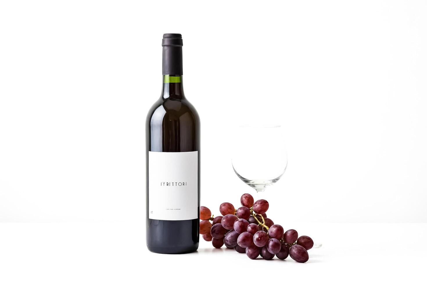 Bottle of Red Wine with Grapes and Glass on White Background photo