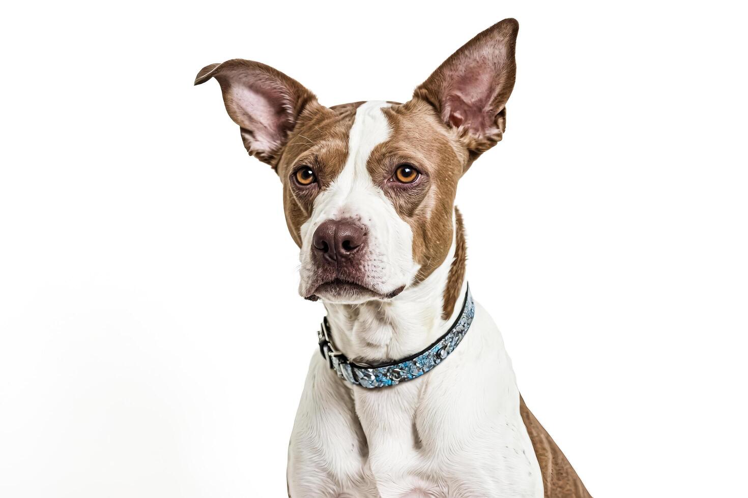 Portrait of a brown and white pit bull terrier dog wearing a blue collar photo