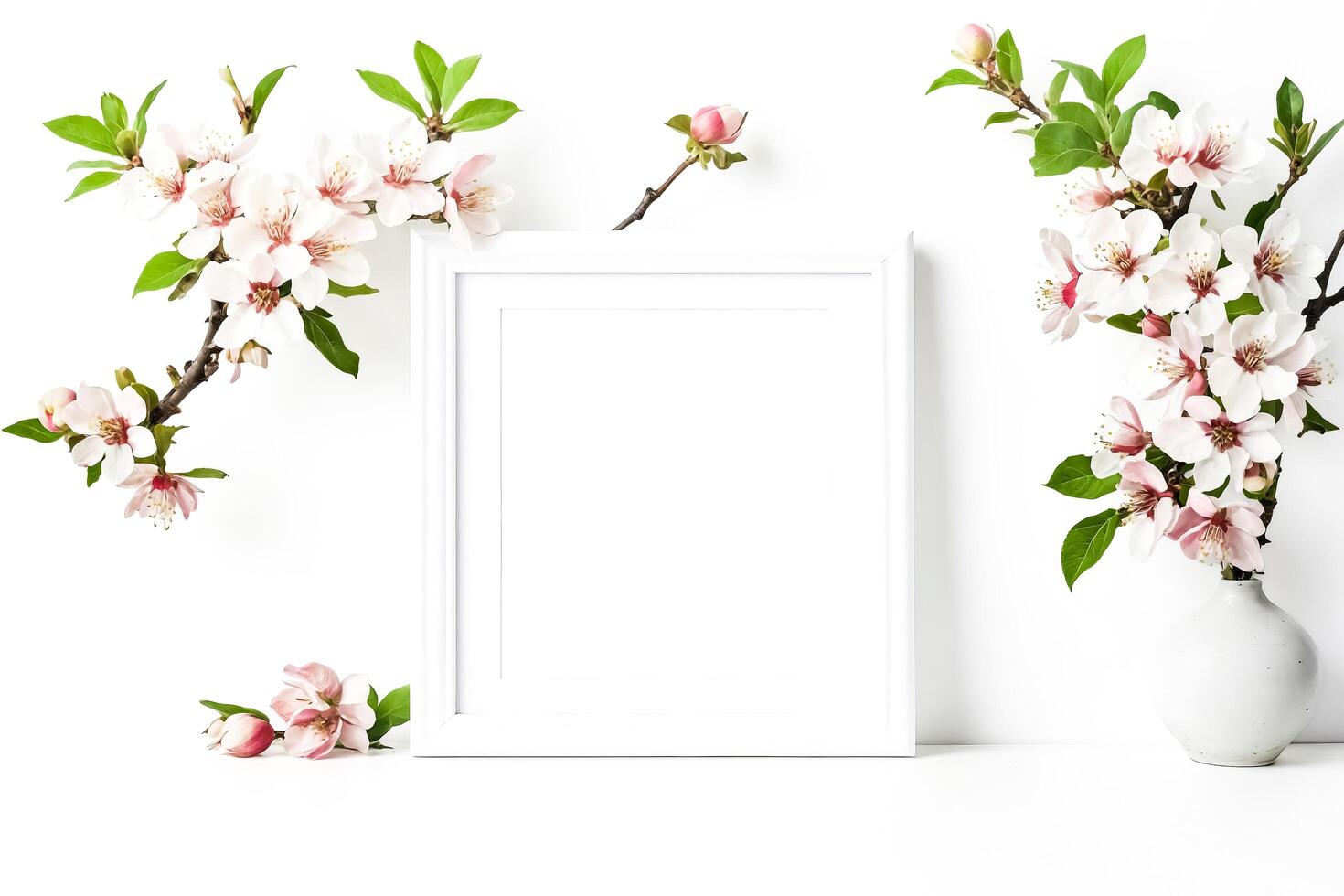 White Frame Mockup with Spring Flowers photo