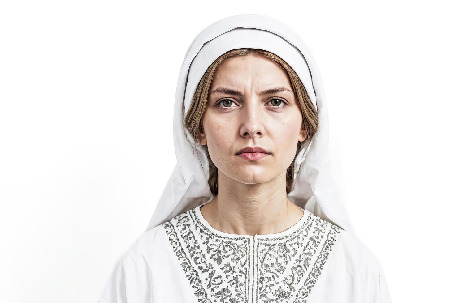 Young Woman in White Headscarf with Intricate Embroidery photo