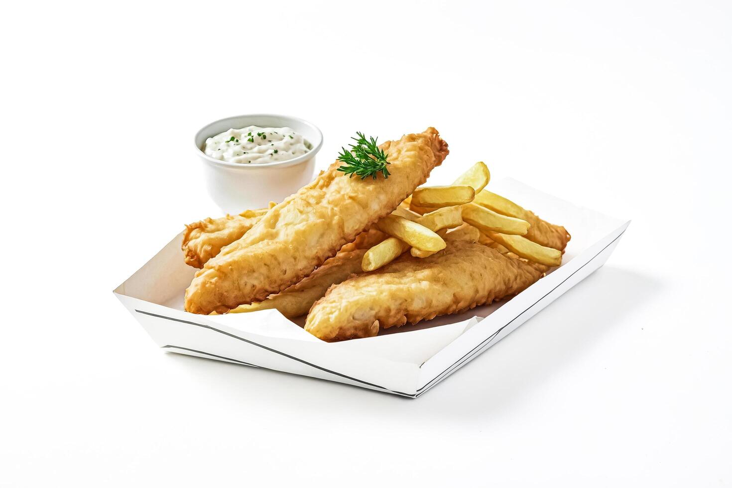 Fish and chips in a takeaway box with a side of dipping sauce photo
