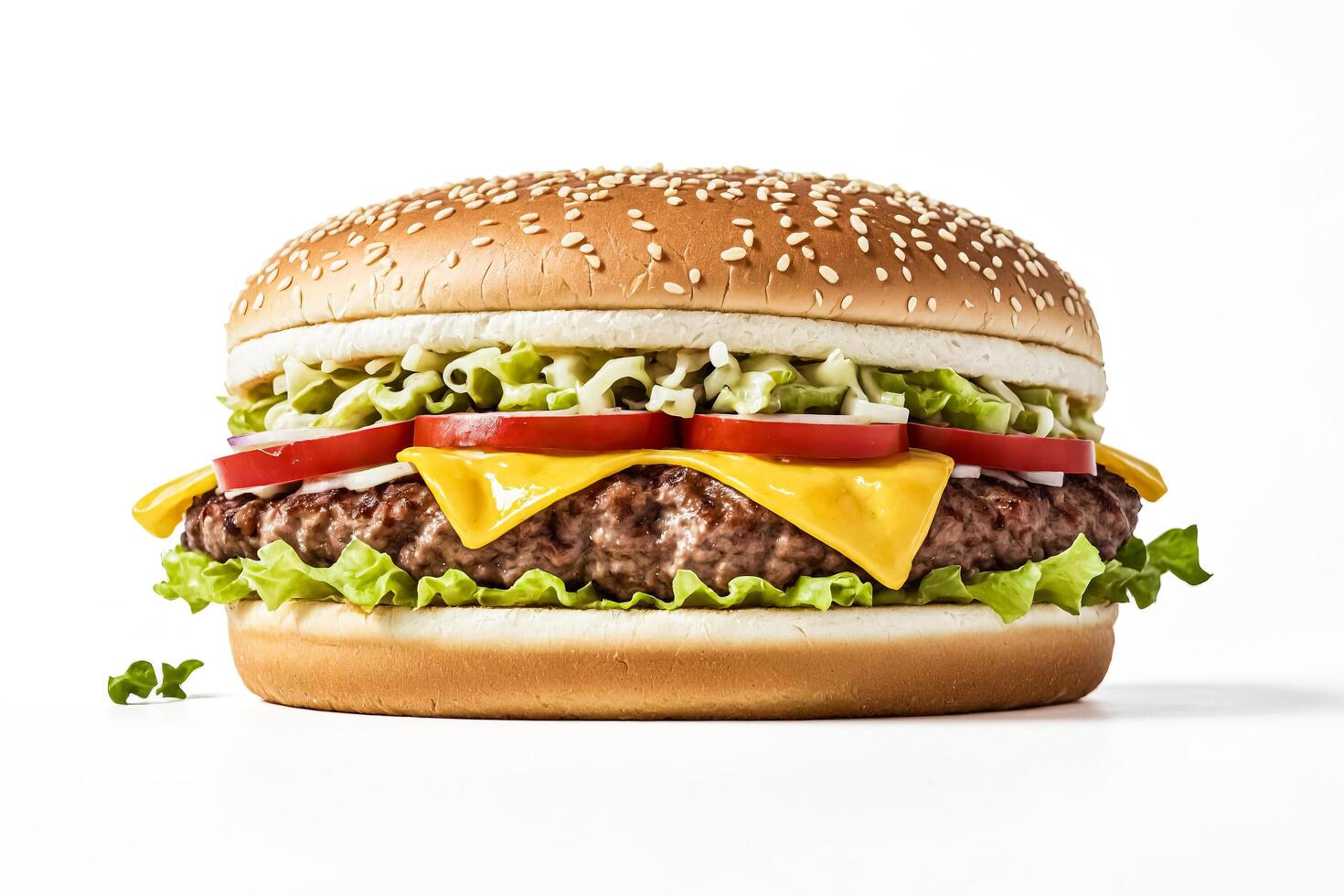 Closeup of a Delicious Cheeseburger with Sesame Seed Bun photo