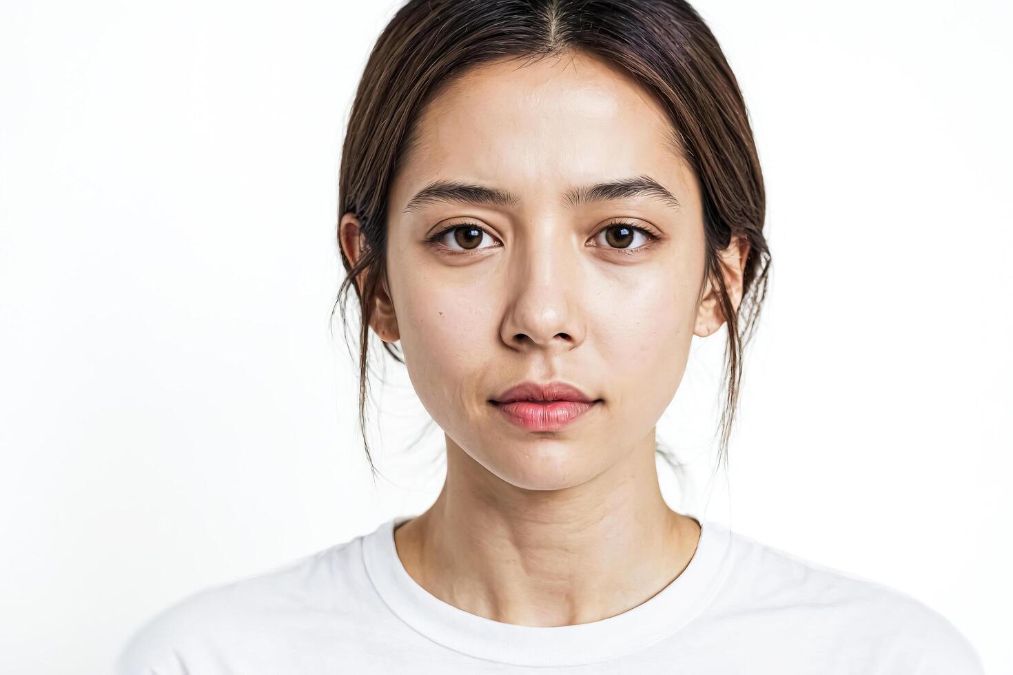 Portrait of a young woman with dark hair and brown eyes, looking directly at the camera. photo