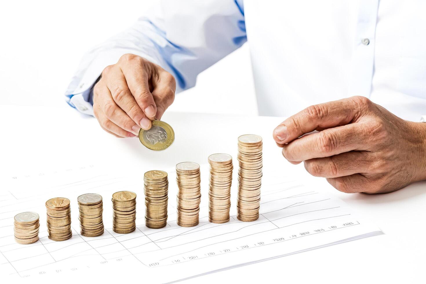Hand Adding Coin to Stack of Coins on Graph photo