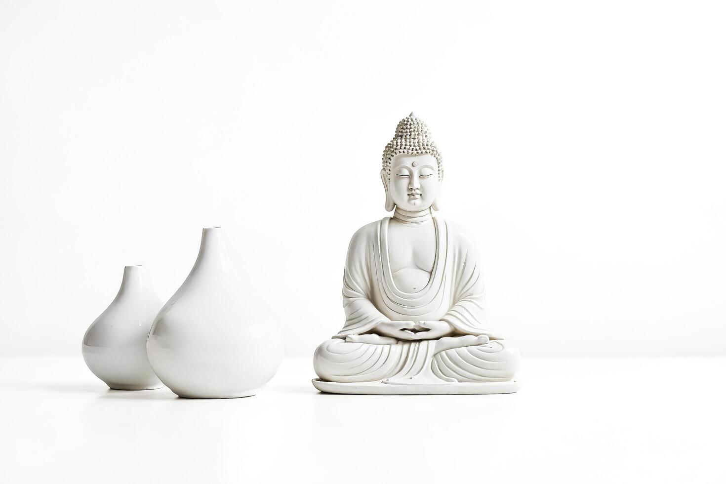 White Buddha Statue and Vases on White Background photo