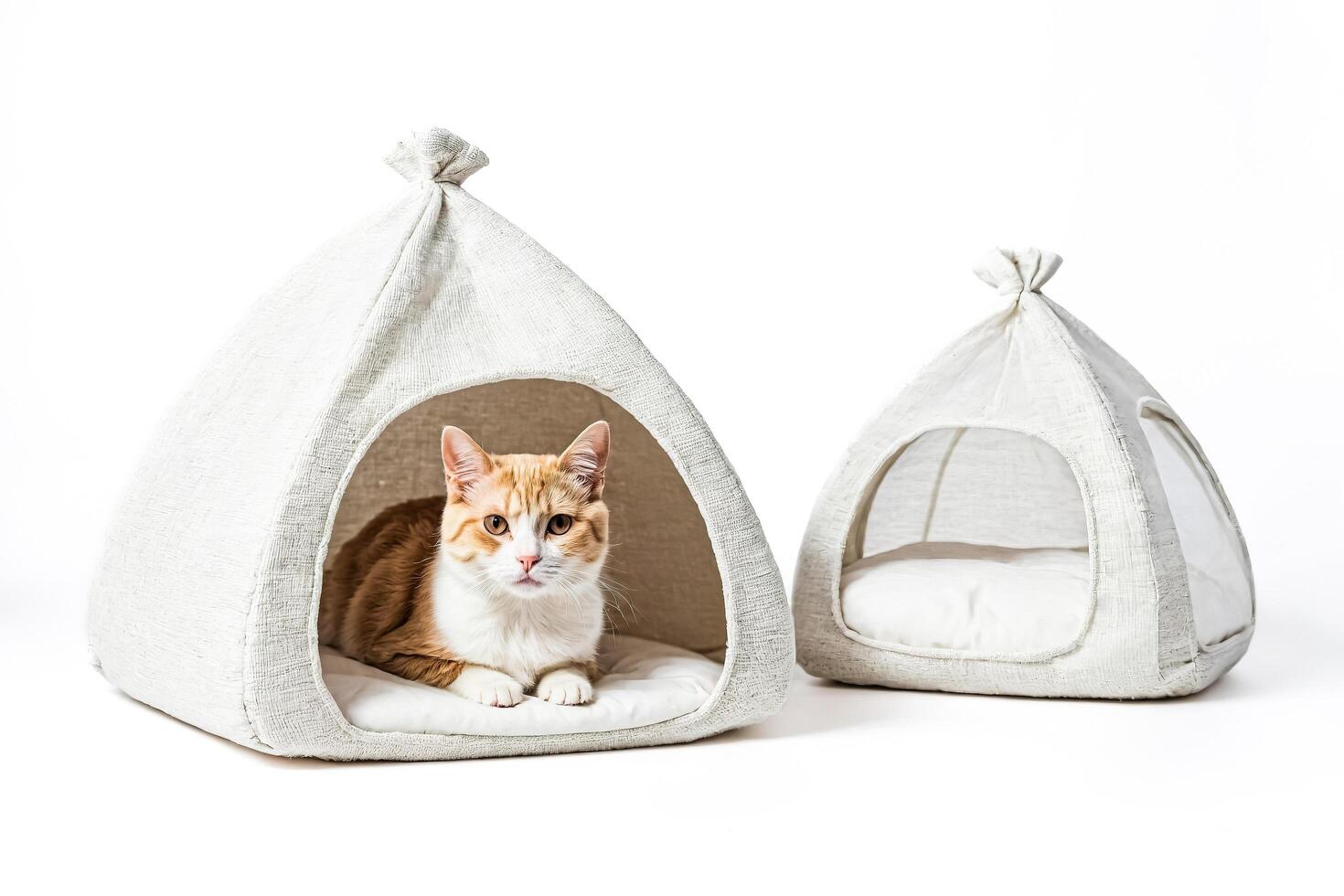 Cute orange tabby cat relaxing in a white cat bed photo