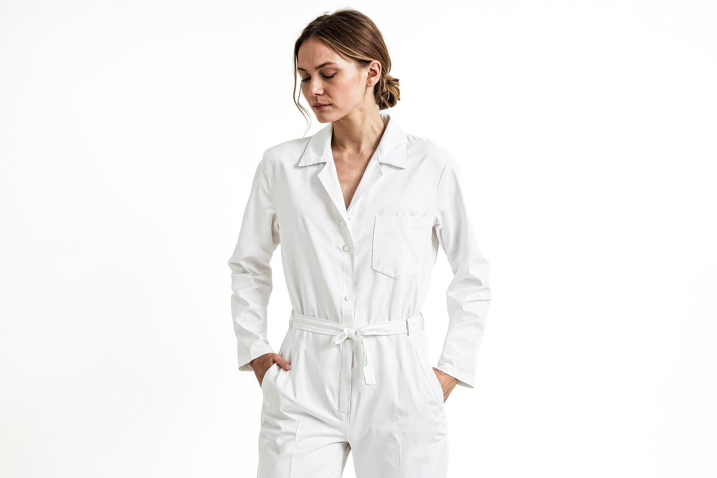 Woman in white jumpsuit with hands in pockets photo