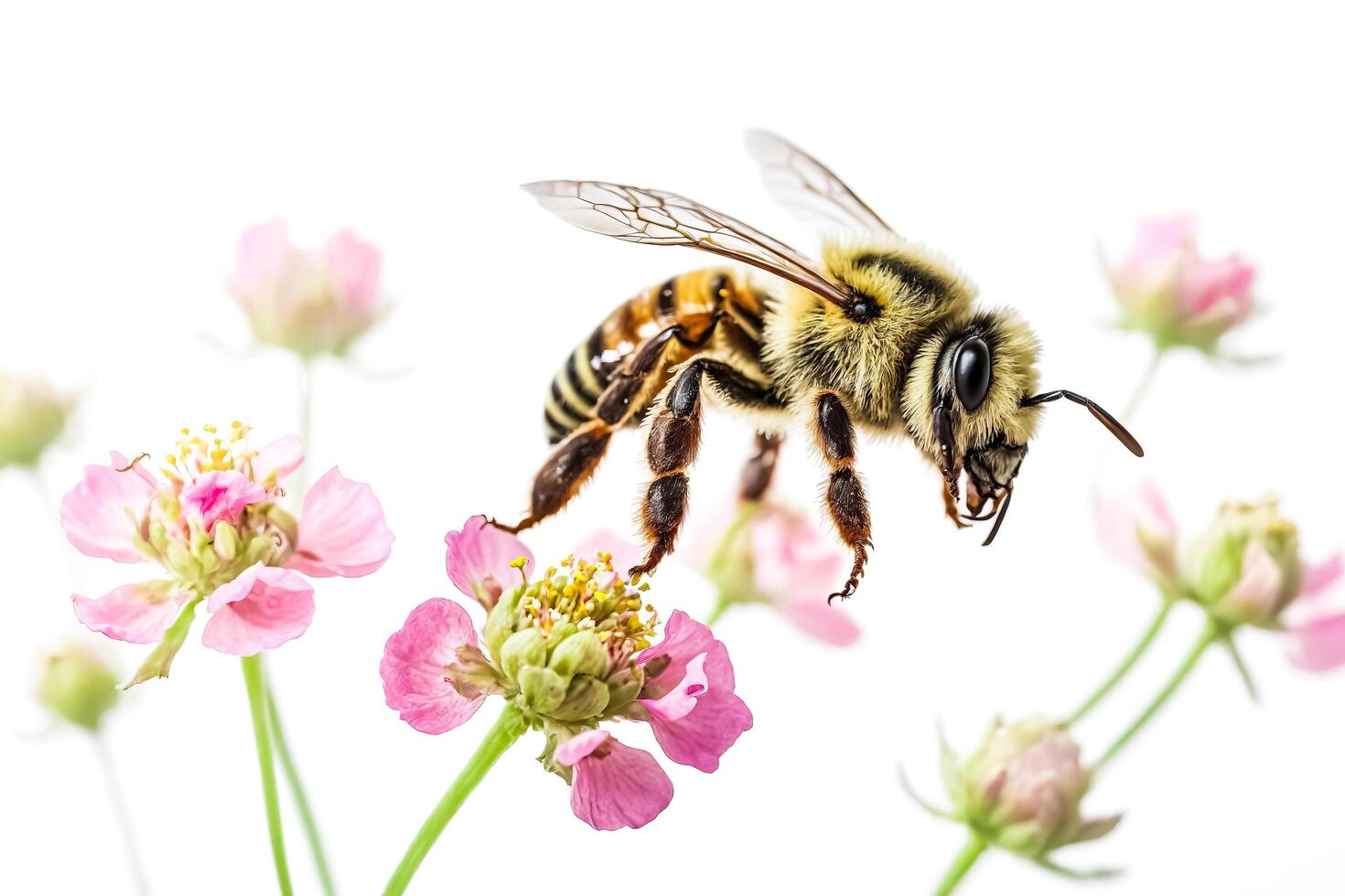Closeup of a bee hovering near a pink flower photo