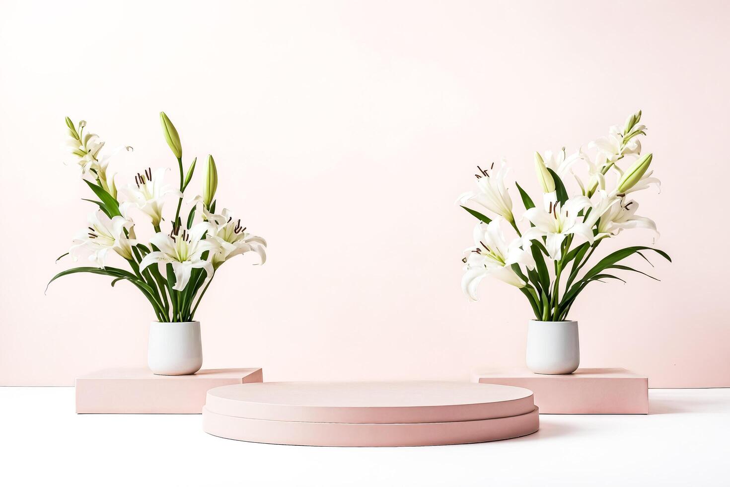 Minimalist Product Display with White Lilies and Pink Platforms photo
