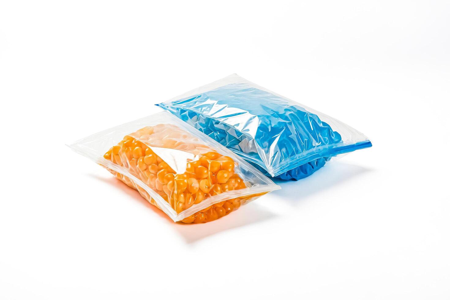 Yellow and Blue Plastic Bags on a White Background photo