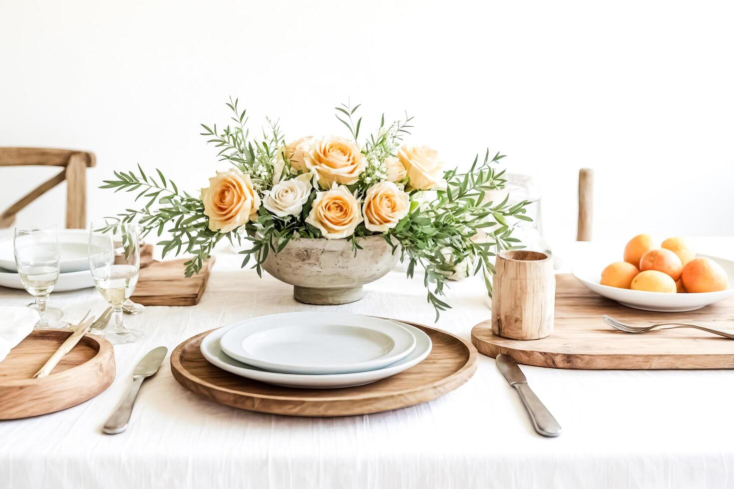 Rustic Table Setting with Flowers and Fruit photo