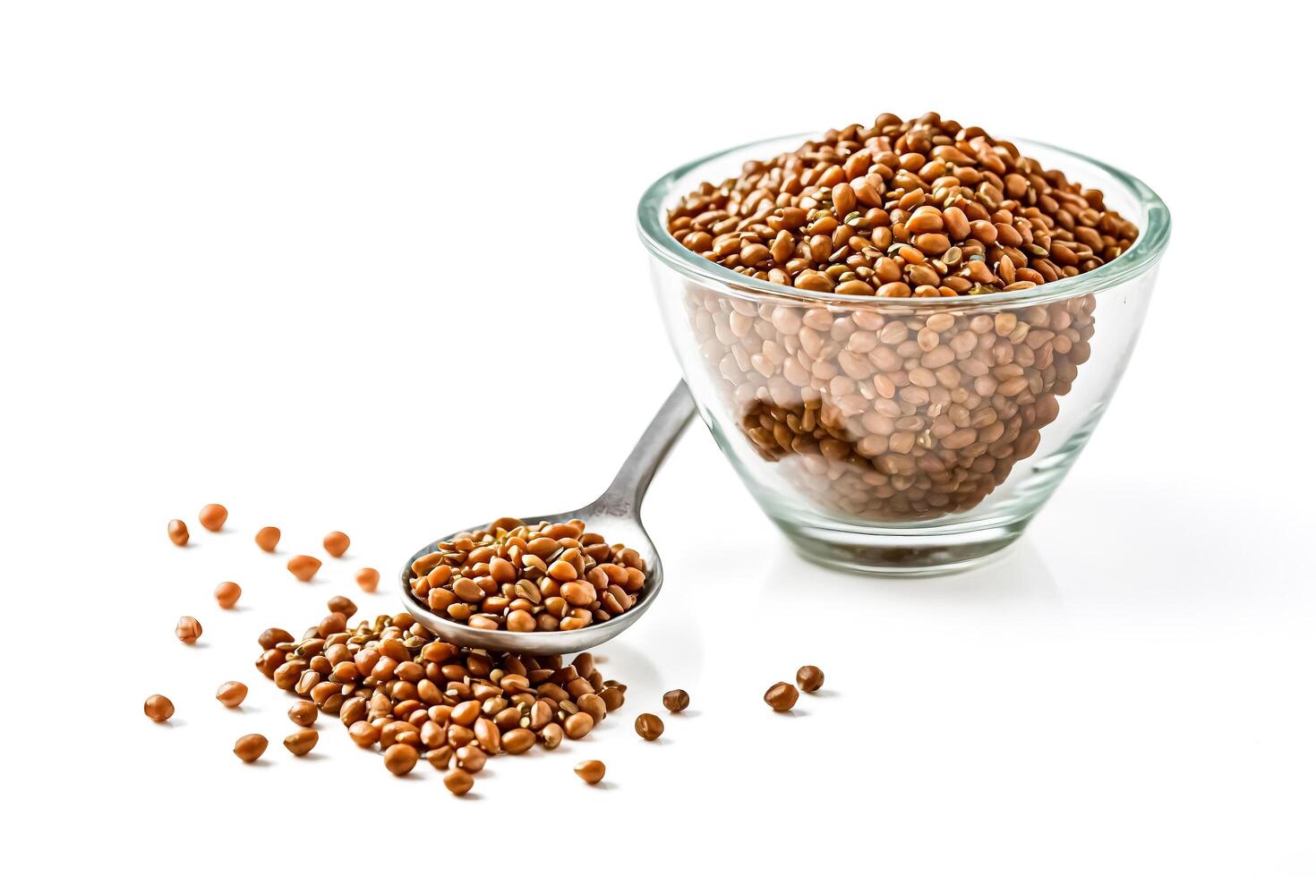 Brown Lentils in Bowl and Spoon on White Background photo