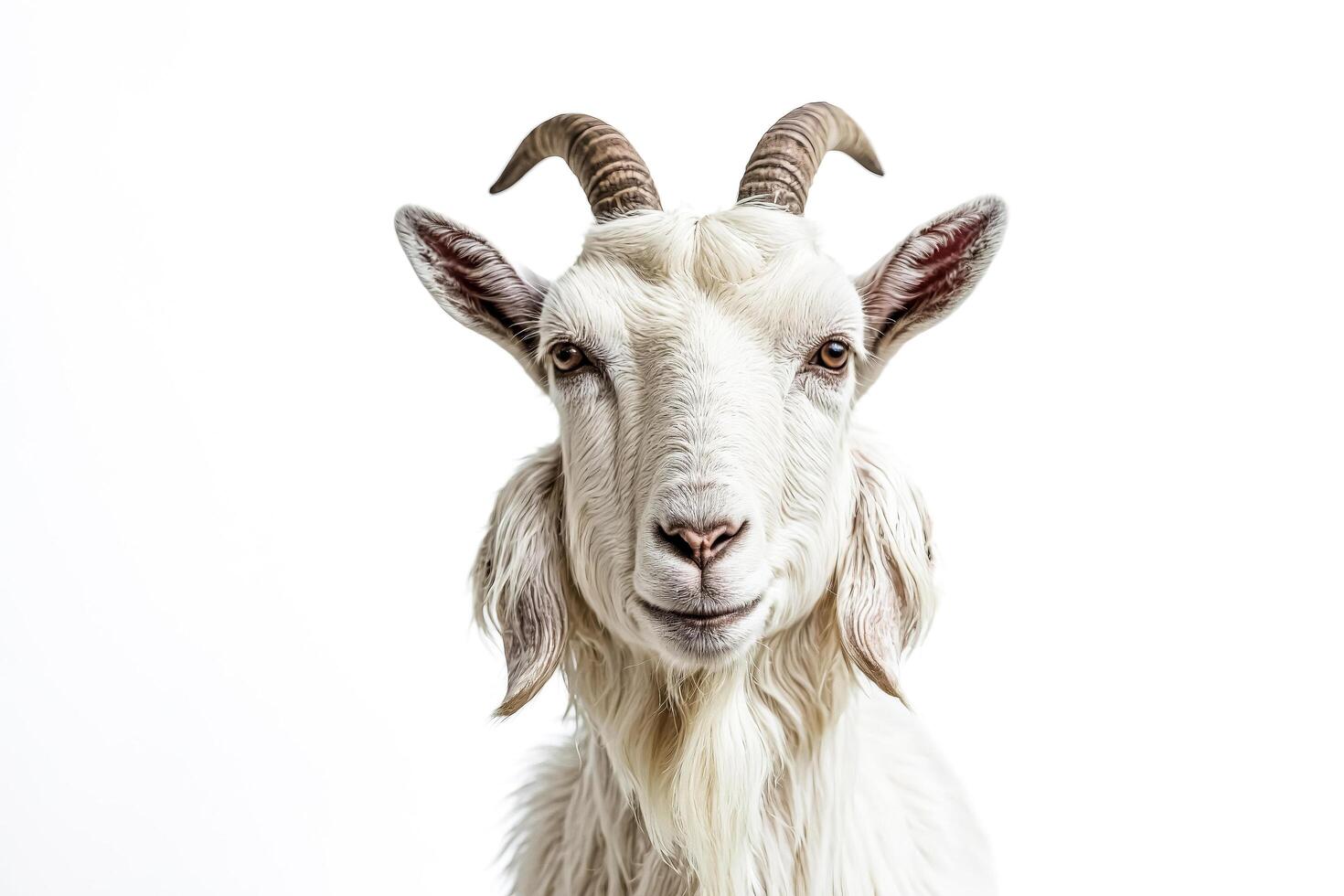 Close-up portrait of a white goat with horns looking directly at the camera photo