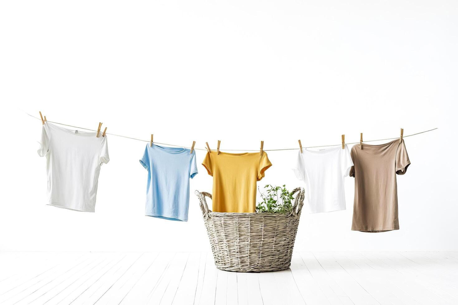 Clothesline with Laundry and Wicker Basket photo